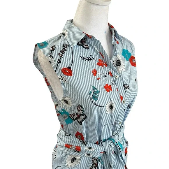 Zara blue Striped/floral shirt dress‎  Sz medium blue,multicolor - Picture 2 of 6